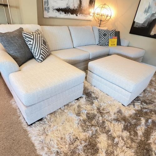 Dual Chaise Sectional Light Grey Heathered Weave with Ottoman