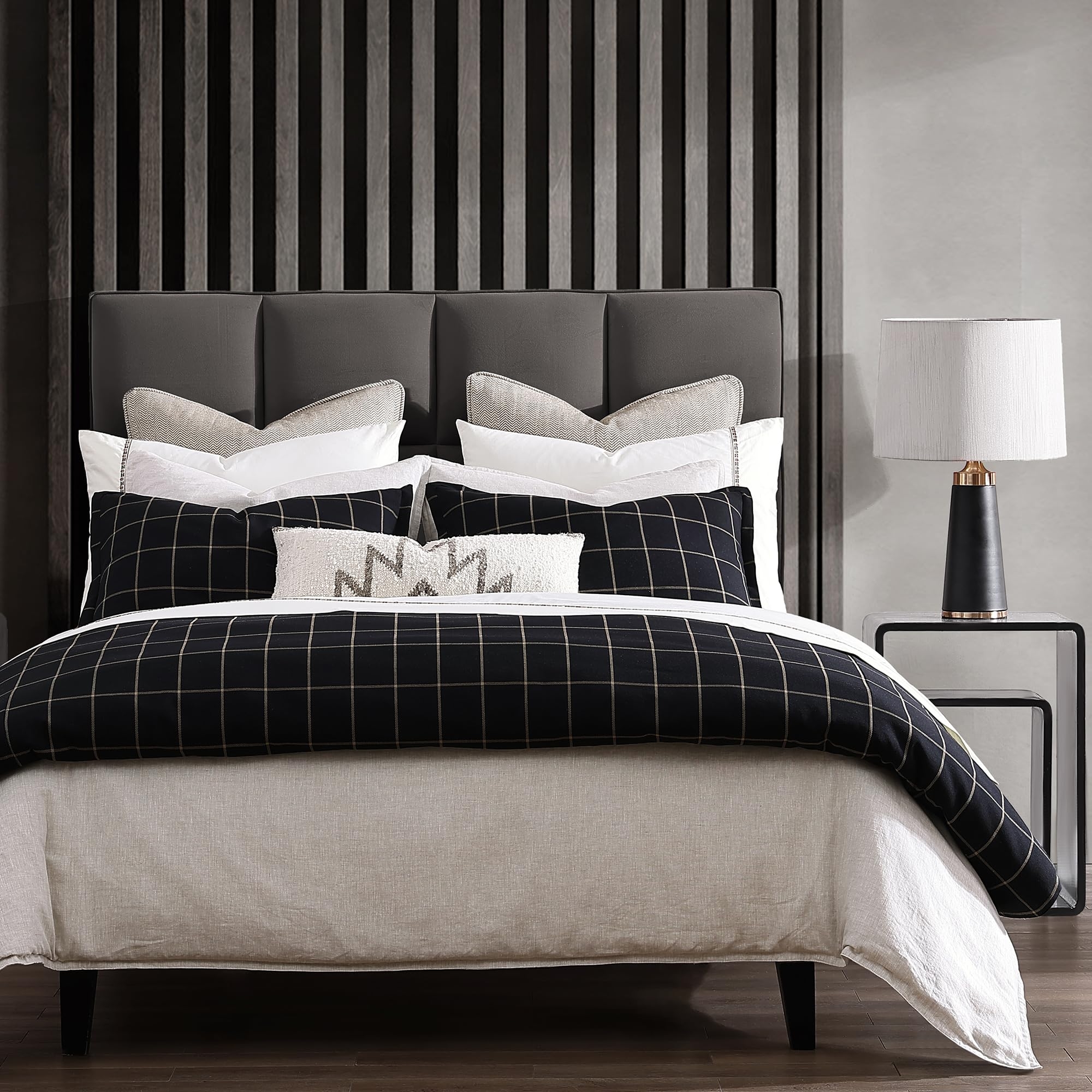 Duvet Cover Set having Vertical Slat Backdrop and Windowpane Plaid