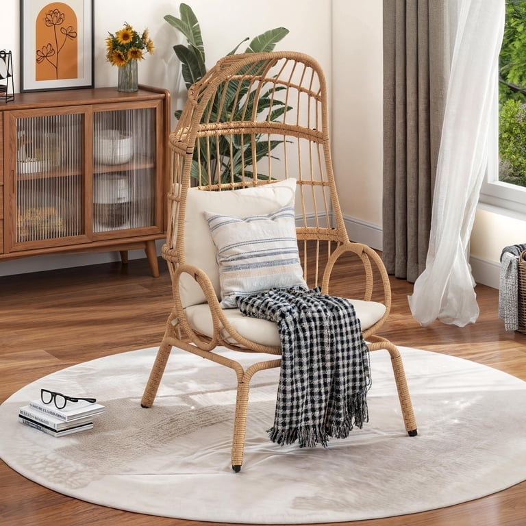 Egg Chair with Narrow Profile and Rattan Reading Seating