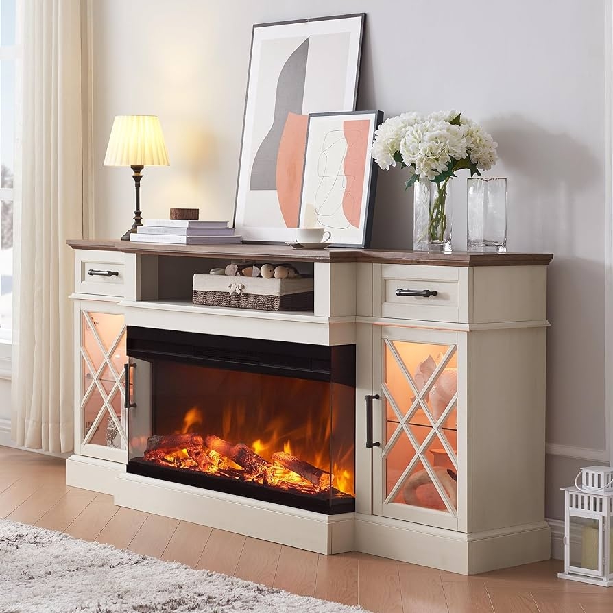 Electric Fireplace TV Stand with 3 Sided Glass and Antique White