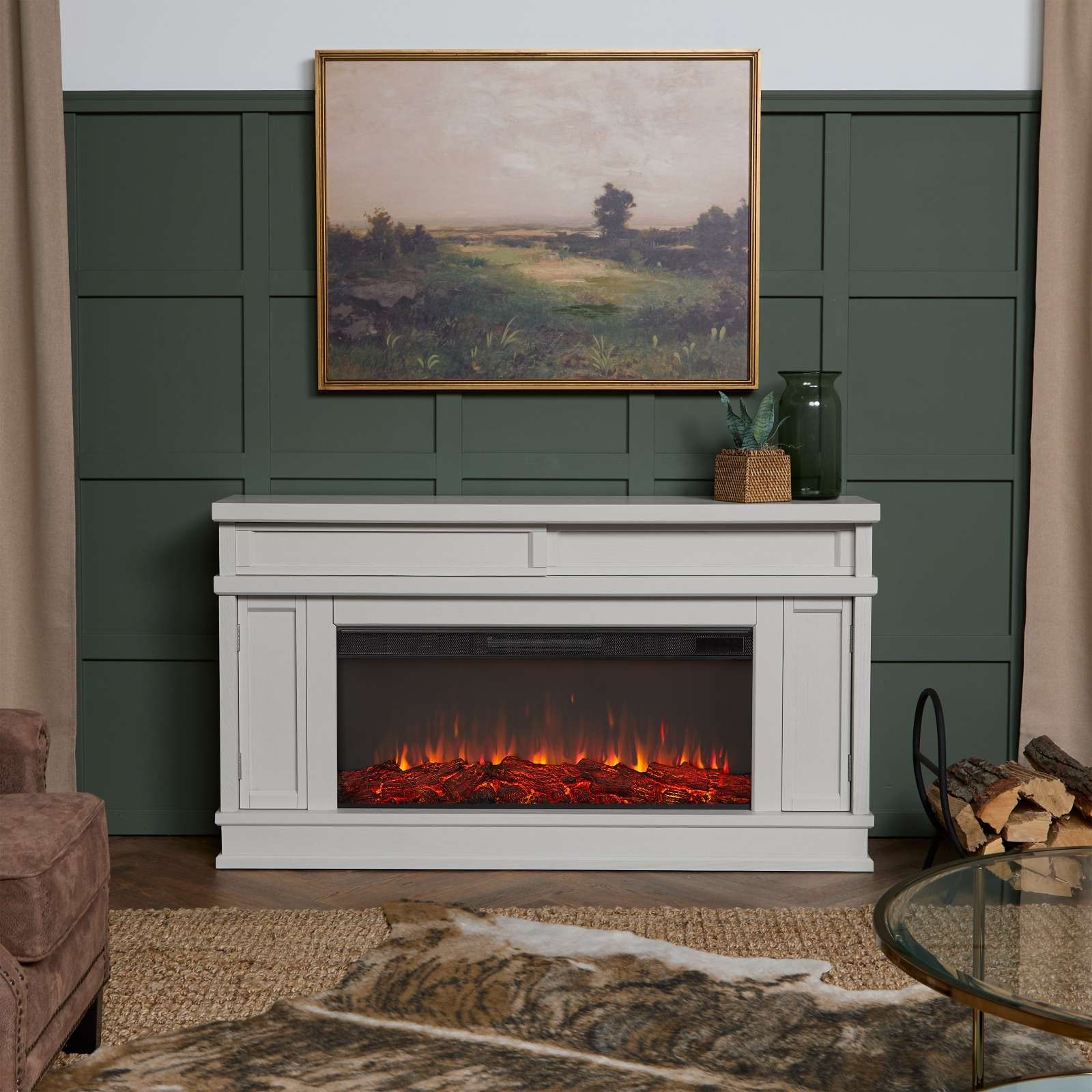 Electric Fireplace with Off White Mantel and Green Paneled Wall