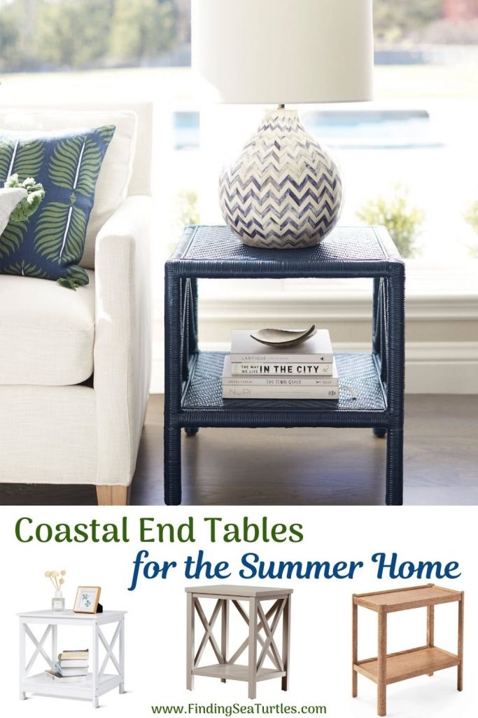 End Table Navy Woven Texture X Brace Accents Coastal Modern