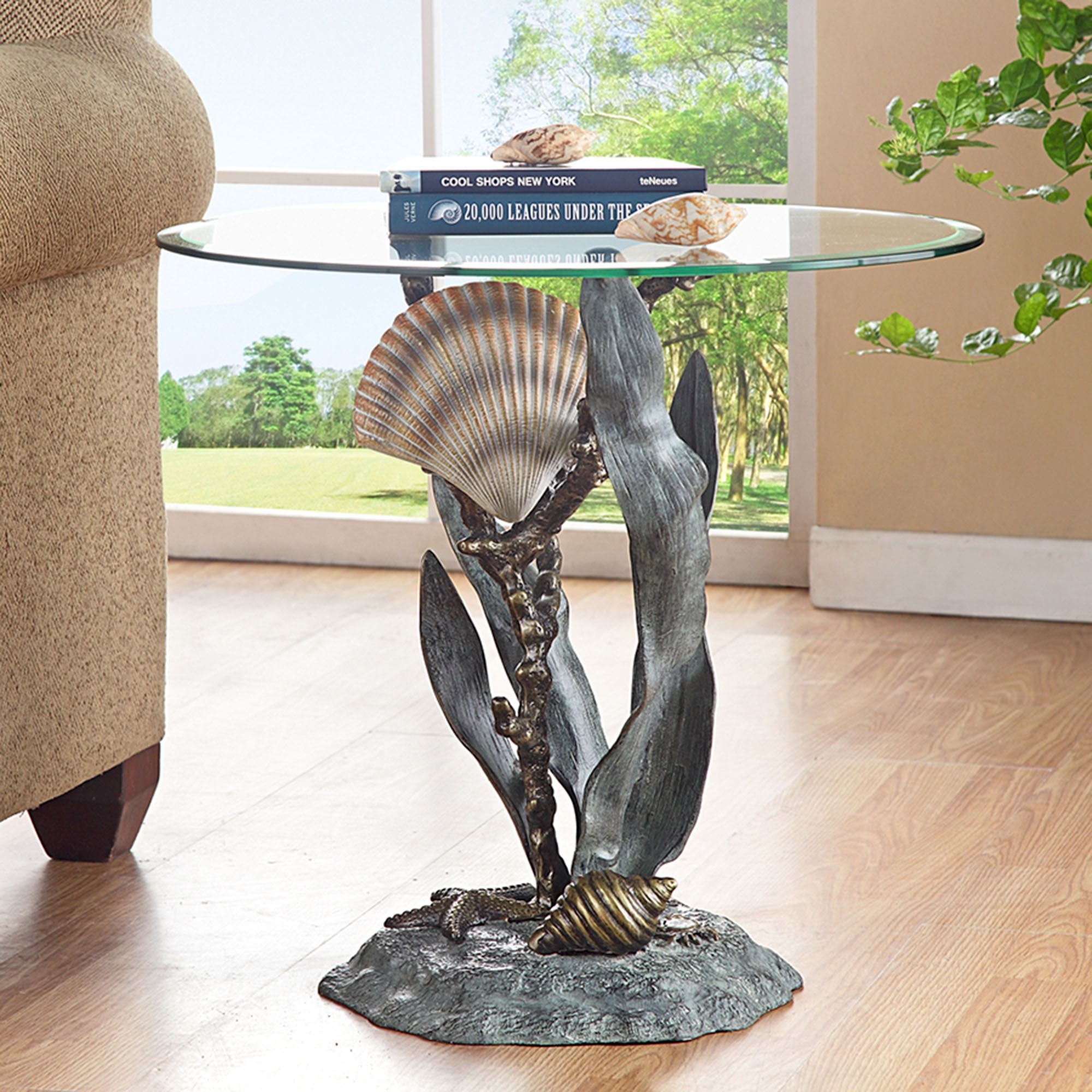 End Table Sea Shell Motifs Multi Metallic Nautical Glass