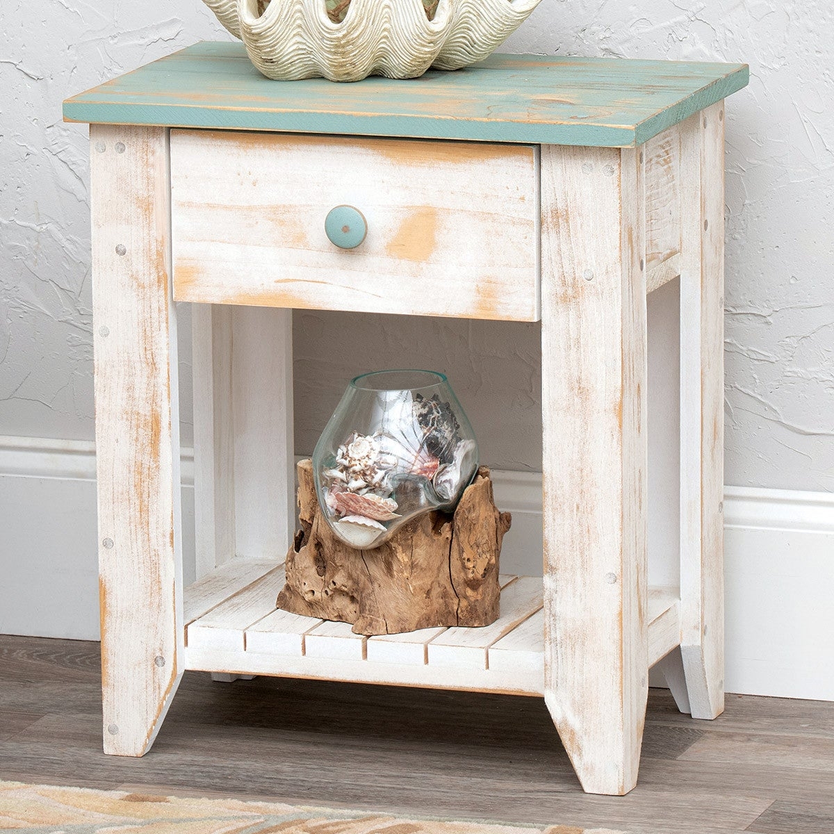 End Table Seafoam Green Top Weathered Whitewash Slatted Shelf