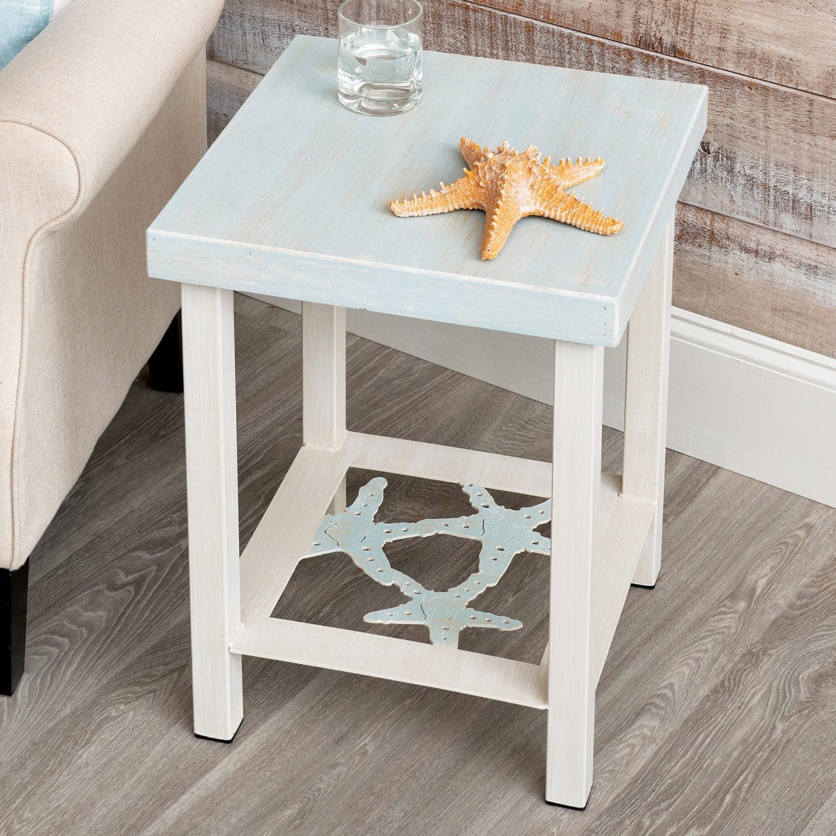 End Table Starfish Trio Shelf Seafoam Blue Top Shabby Chic