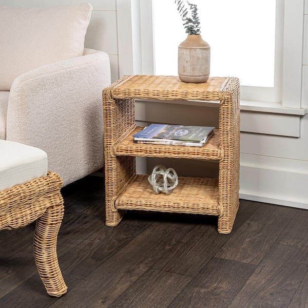 End Table Three Tier Shelf Rattan Cane Woven Natural Boho