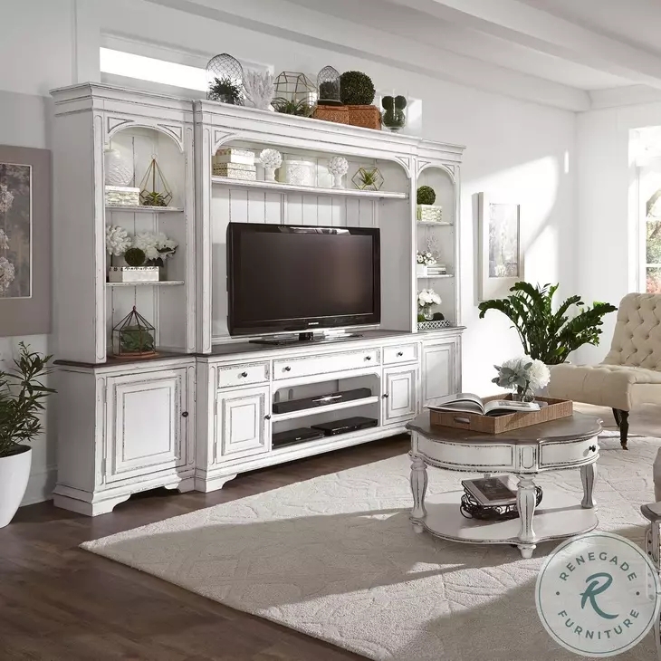 Entertainment Center Weathered Bark Tops Antique White