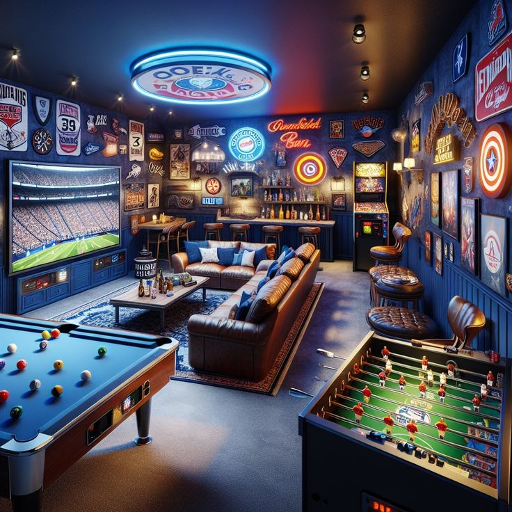 Entertainment Lounge with Blue Neon Ceiling for Luxury Man Cave Layouts