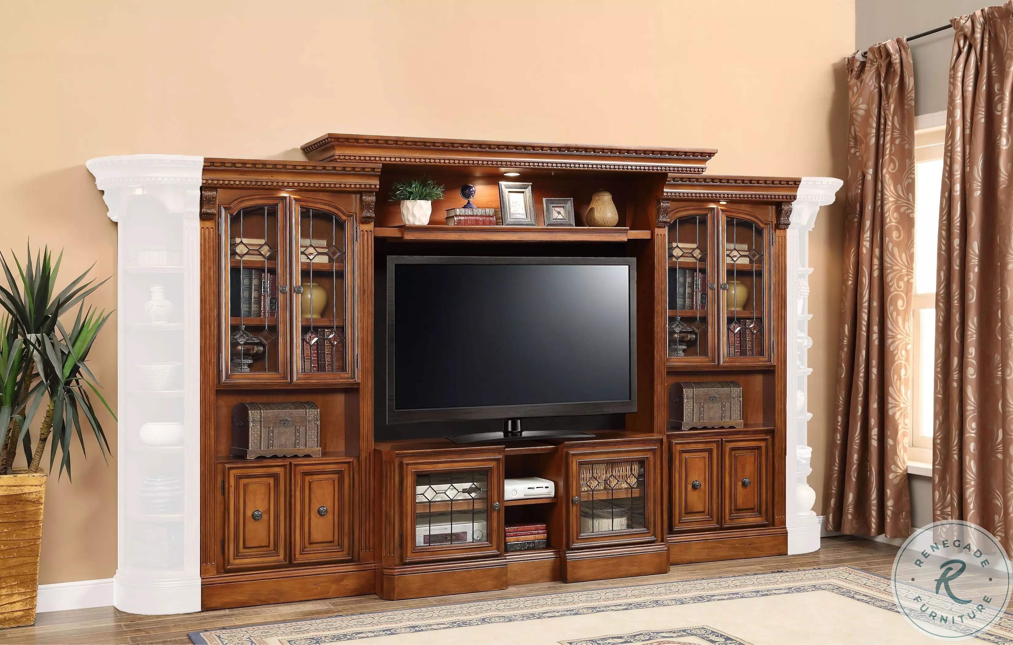 Entertainment Wall Leaded Glass Doors Antique Pecan