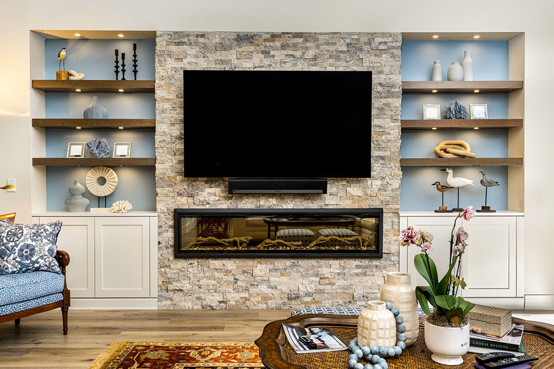 Entertainment Wall Stacked Stone Surround Blue Wall