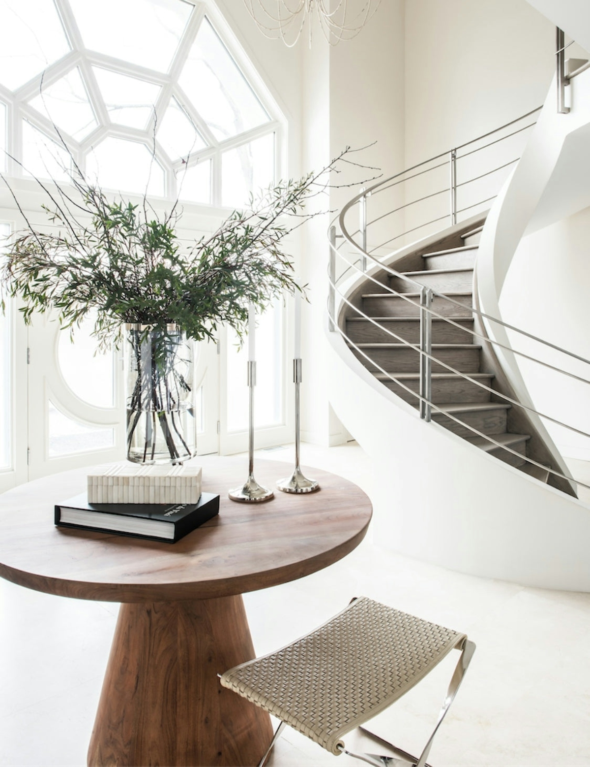 Entry Table Styling With Round Wood Top And Pedestal Base