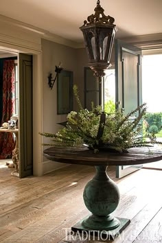 Entry Table With Verdigris Pedestal Base And Weathered Wood