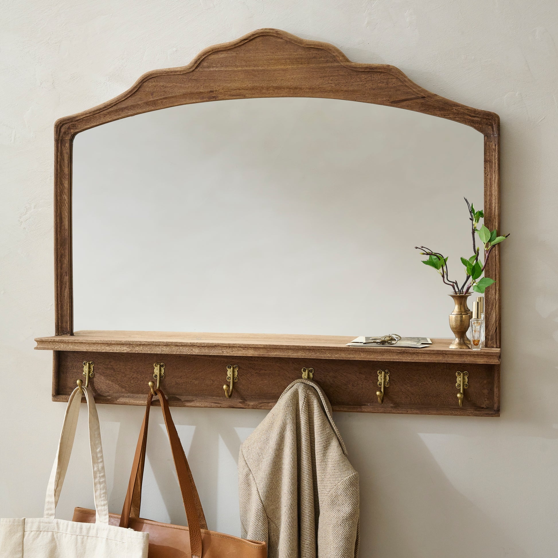 Entryway Mirror Scalloped Top Brass Hooks Wood Shelf