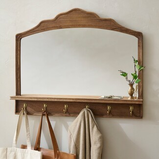 Entryway Mirror Scalloped Top Brass Hooks Wood Shelf