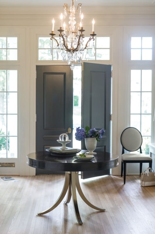 Entryway Table With Metallic Splayed Legs And Charcoal Doors