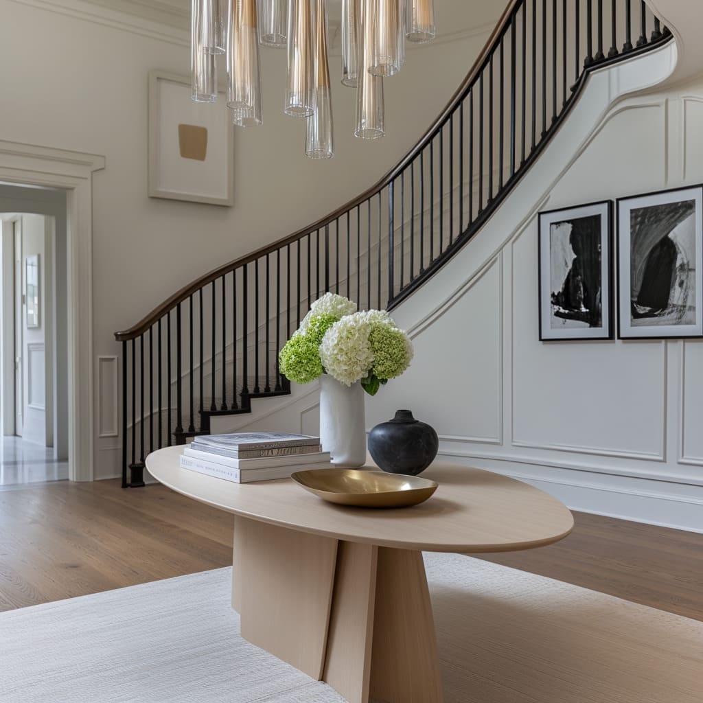 Entryway Table With Sculptural Slab Base And Oval Silhouette