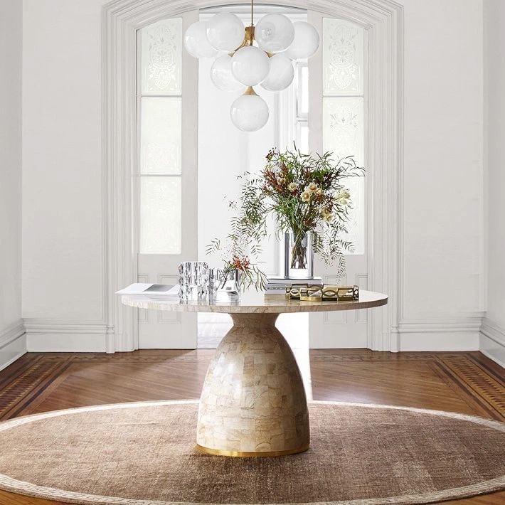 Entryway Table With Tiled Stone Texture And Sculptural Base