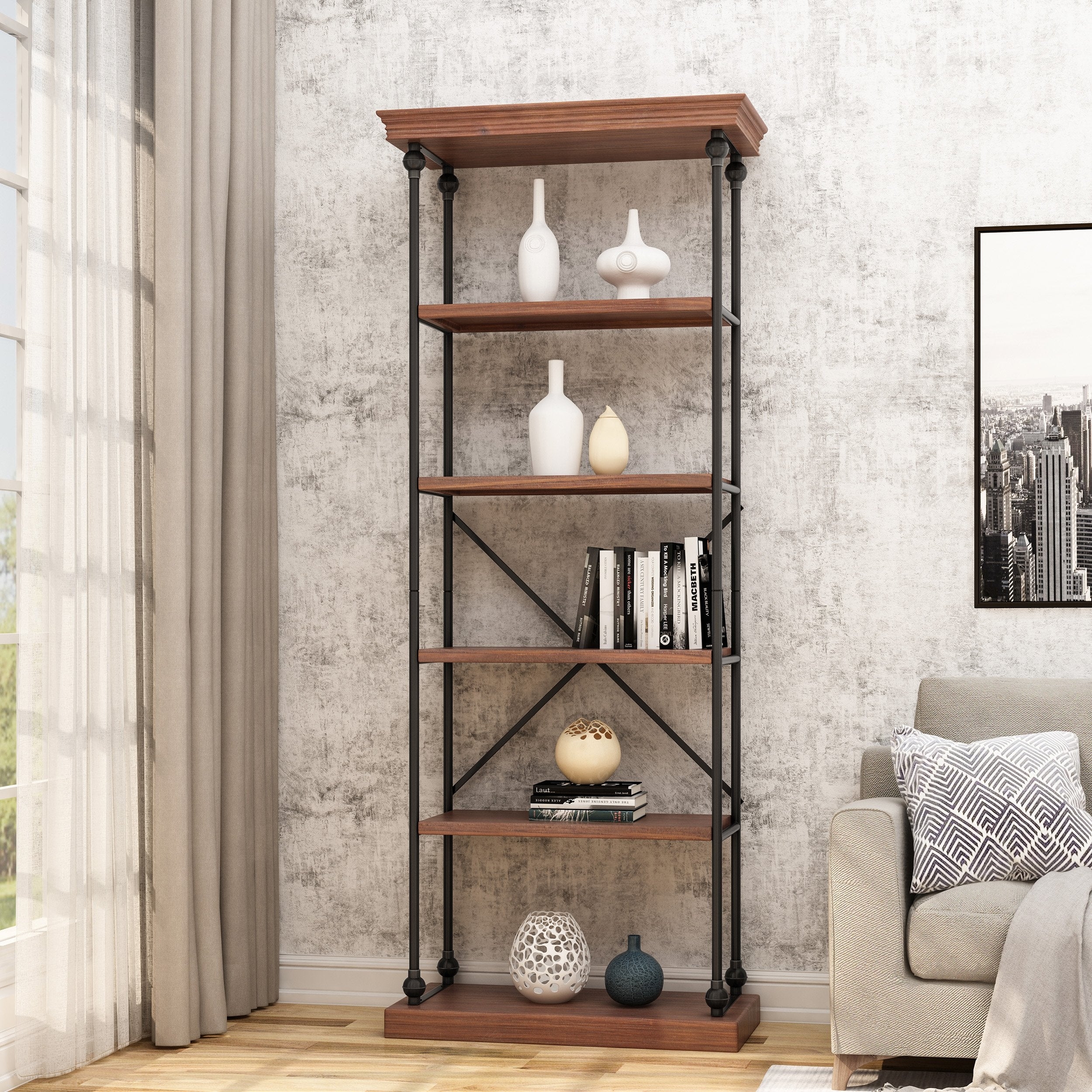 Etagere Bookcase 5-Shelf Tall Unit with Decorative Finials