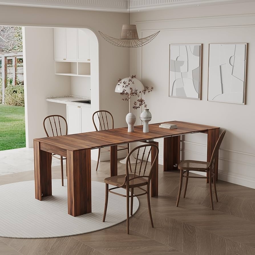 Expandable Dining Table with Modular Extension and Cane Seats