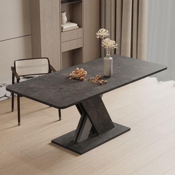 Extendable Dining Table: Charcoal Stone Geometric Base