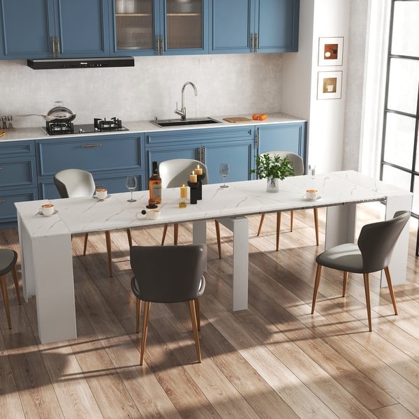 Extendable Dining Table with Marble Pattern and Gold Metal Legs
