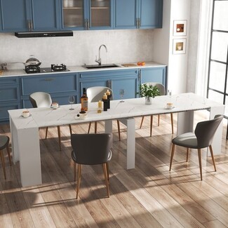 Extendable Dining Table with Marble Pattern and Gold Metal Legs