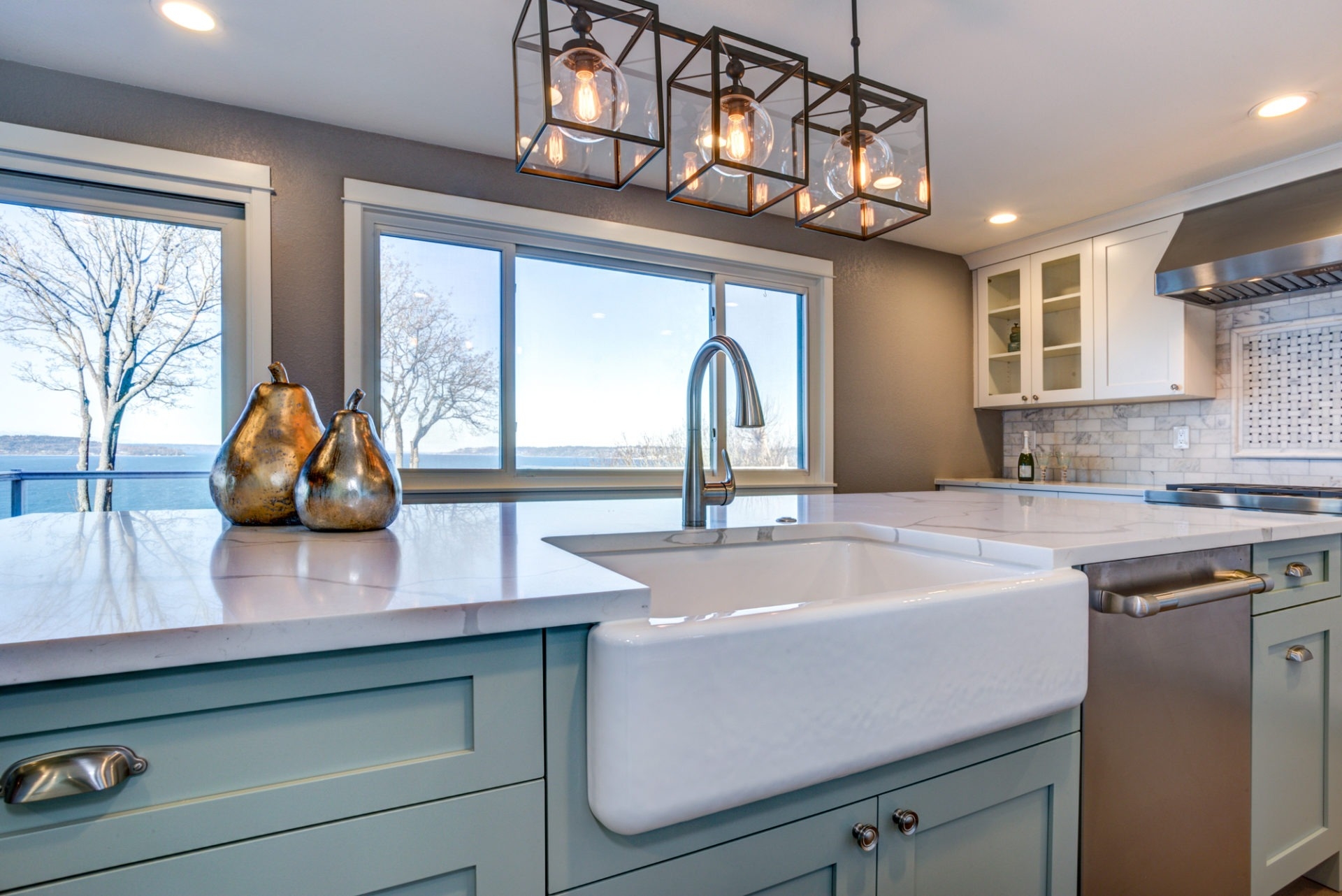 Farmhouse Sink Mint Green Cabinets Marble Look