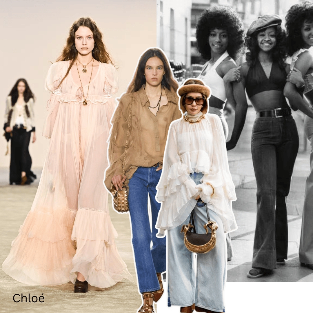 Fashion Collage with Sheer Ruffles: 70s Revival Fashion Guide