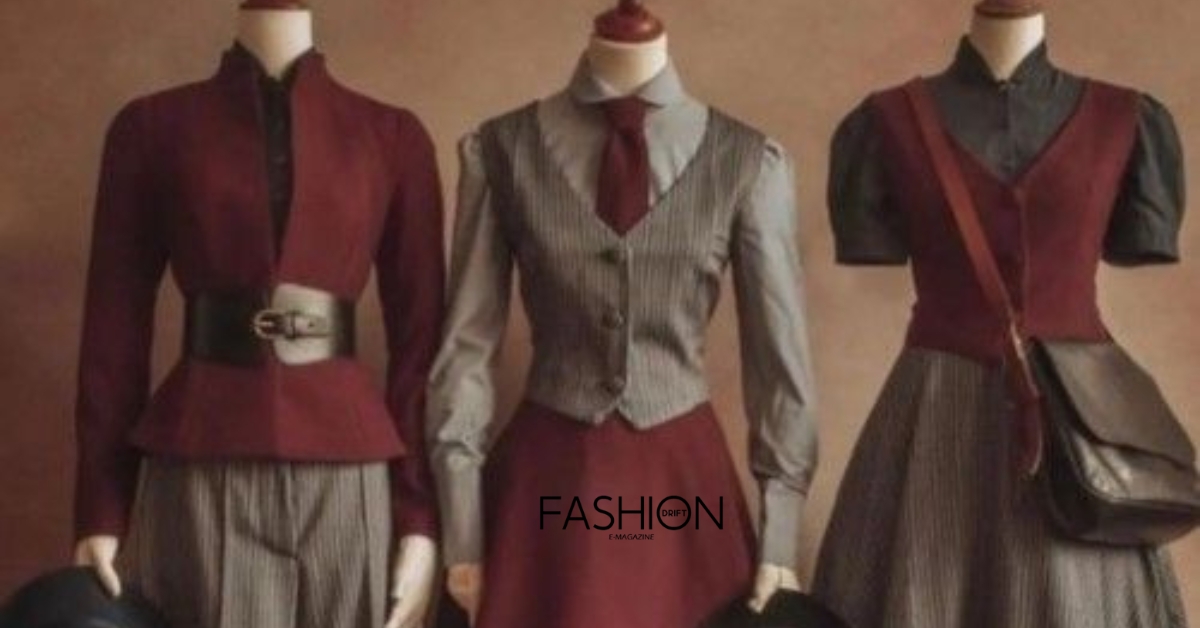 Fashion Mannequins with Burgundy Pinstripe Pairing: Dark Academia