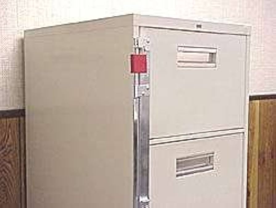 Filing Cabinet with Security Locking Bar and Red Padlock