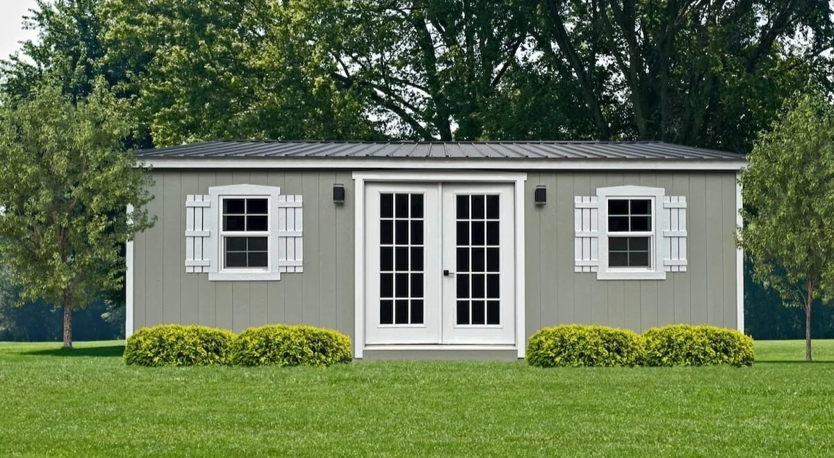 Finished Shed: Sage Green Siding Double French Door Design