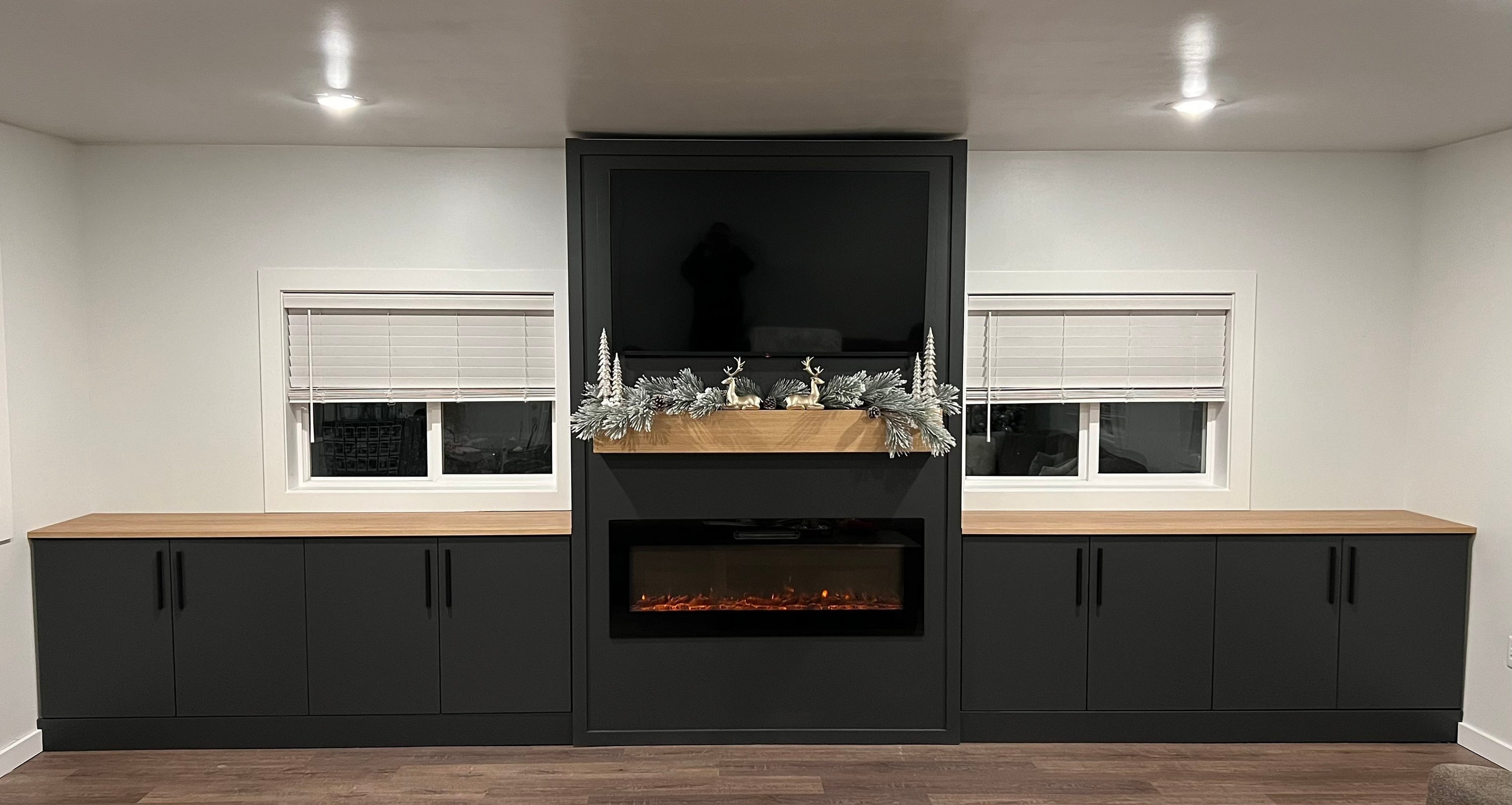 Fireplace Built In with Charcoal Matte Finish and Wood Top