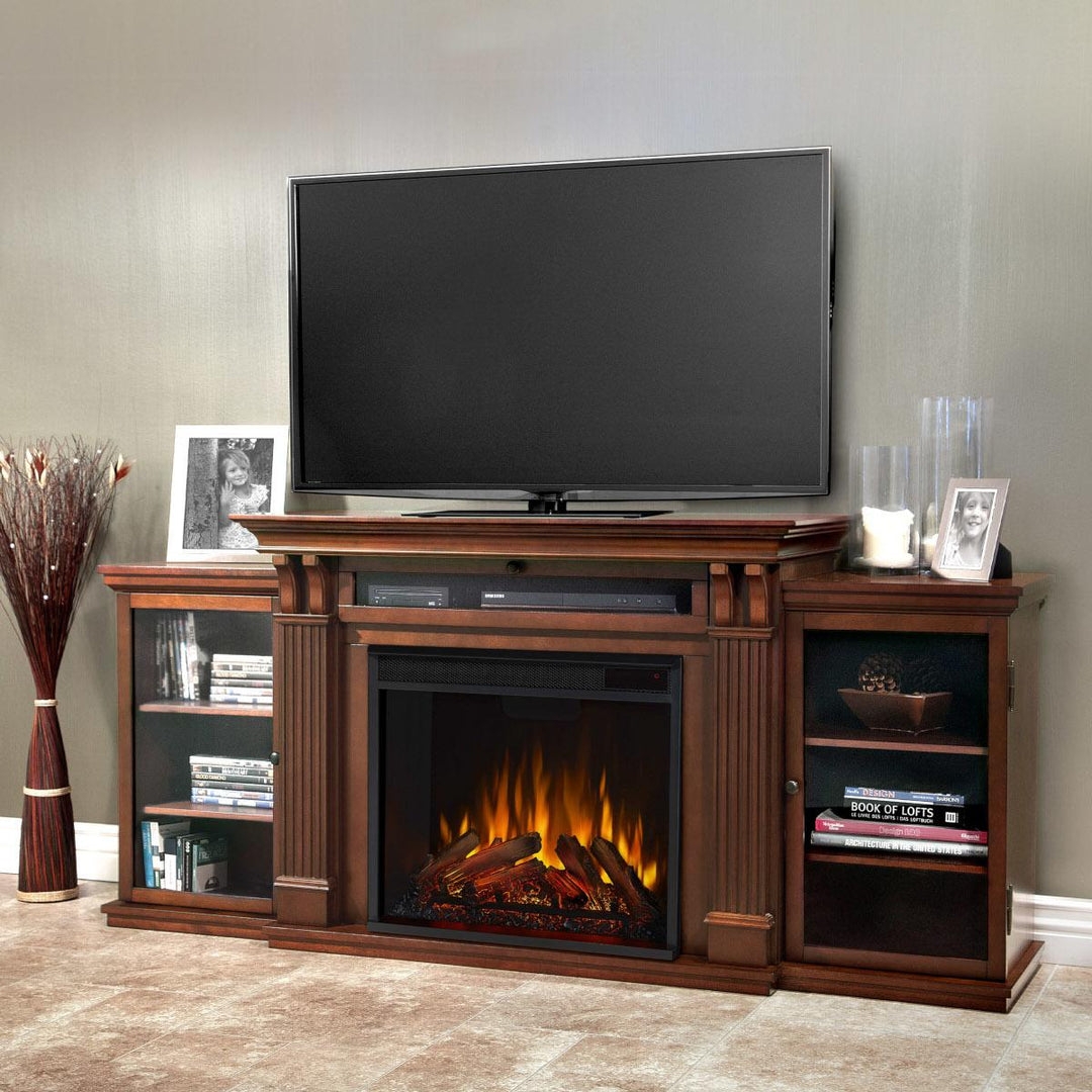 Fireplace Media Cabinet Style with Fluted Columns and Walnut