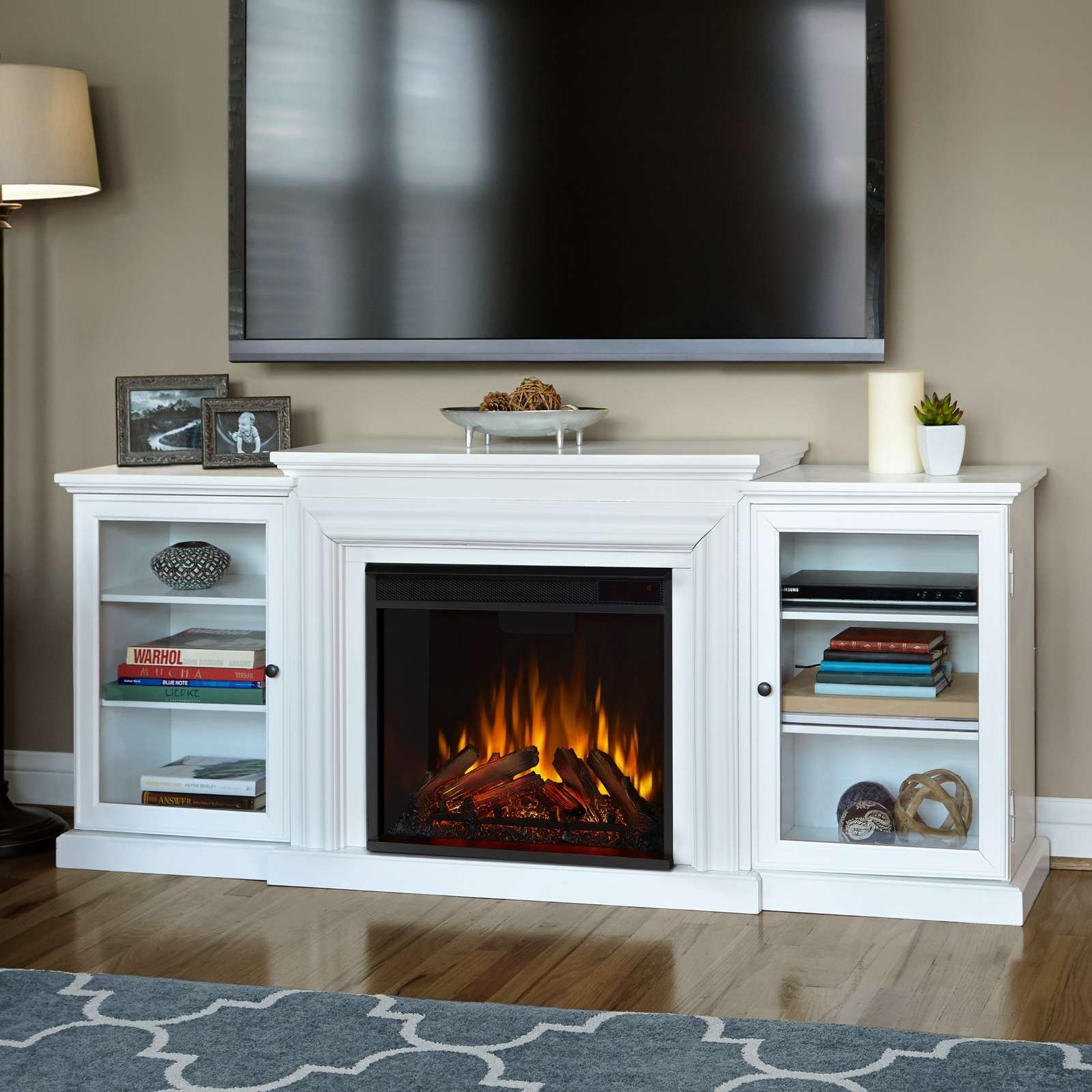 Fireplace Media Cabinet with Mantel Design and Flanking Glass