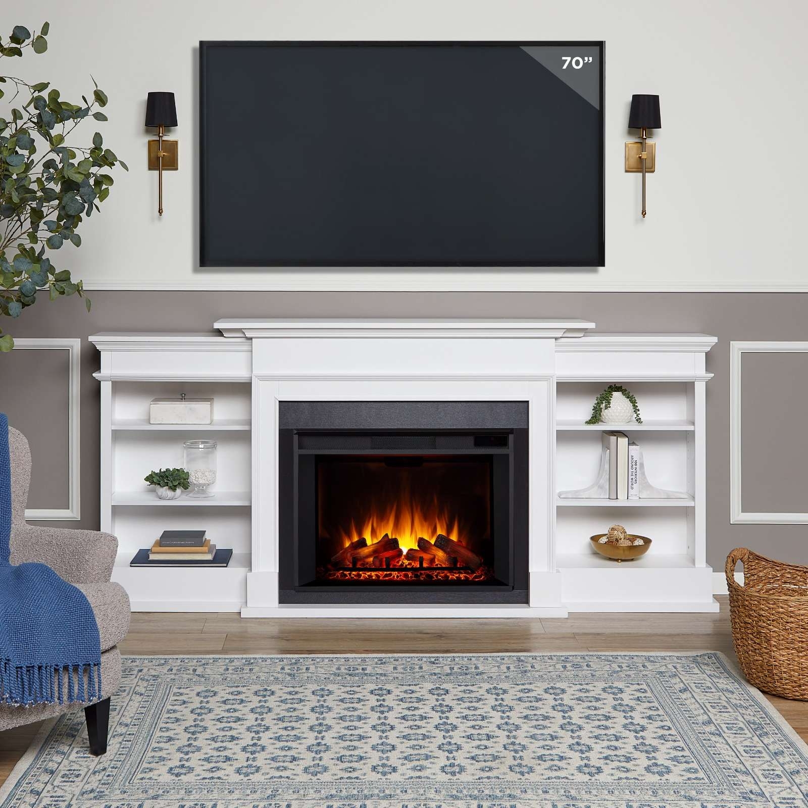Fireplace Media Console With Open Shelving and Electric Insert