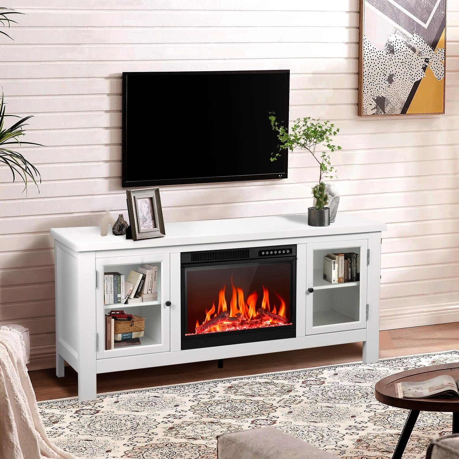 Fireplace TV Stand Case with Matte White Finish and Glass Storage