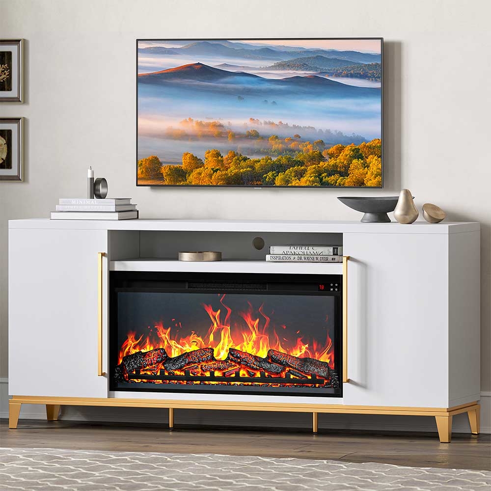Fireplace TV Stand Console with Gold Accent Base and Cabinets