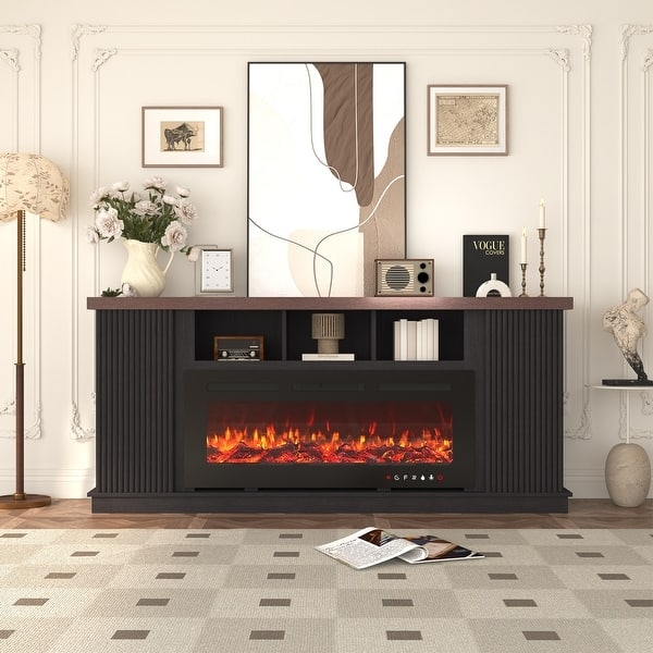Fireplace TV Stand Featuring Vertical Slatted Doors and Walnut