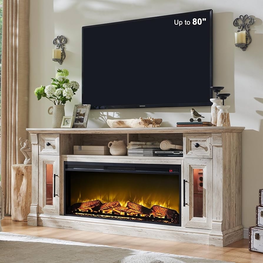 Fireplace TV Stand Using Whitewashed Finish and LED Cabinets