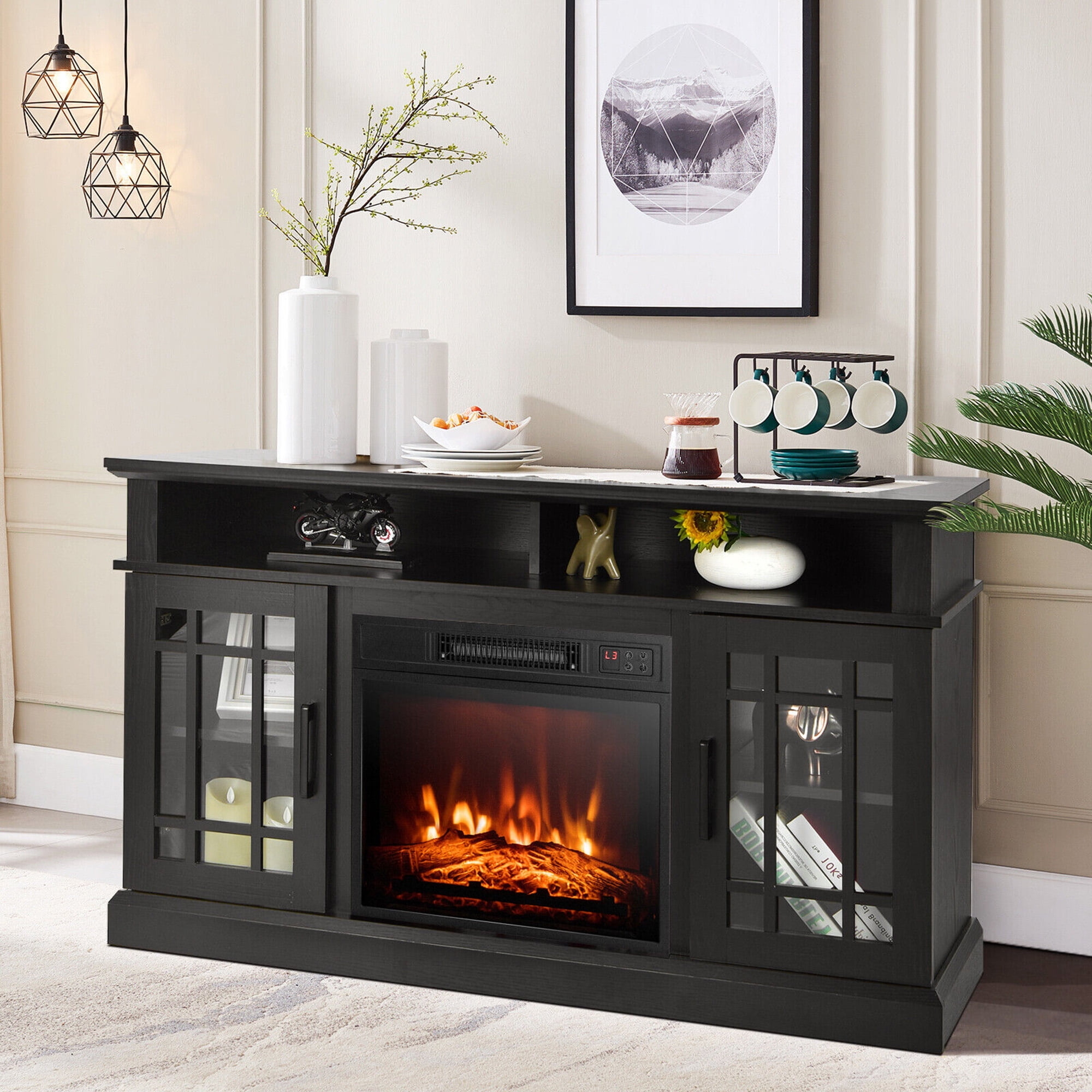Fireplace TV Stand With Matte Black Finish and Mullion Details