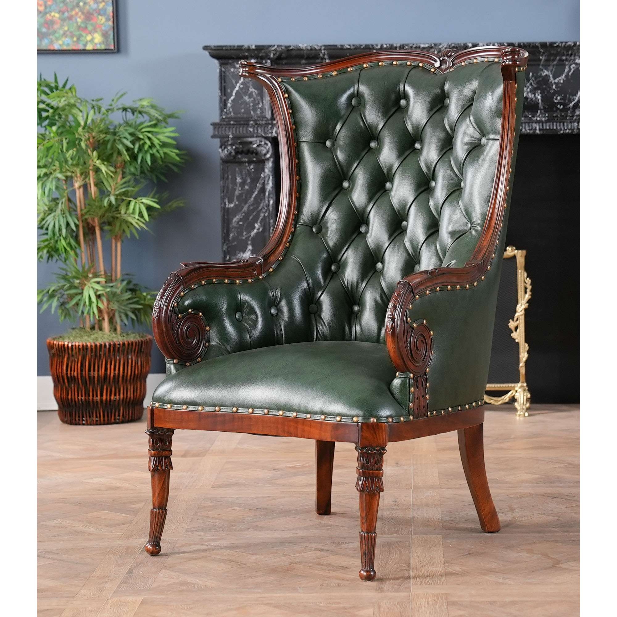 Fireside Chair Hunter Green Mahogany Scroll Arms