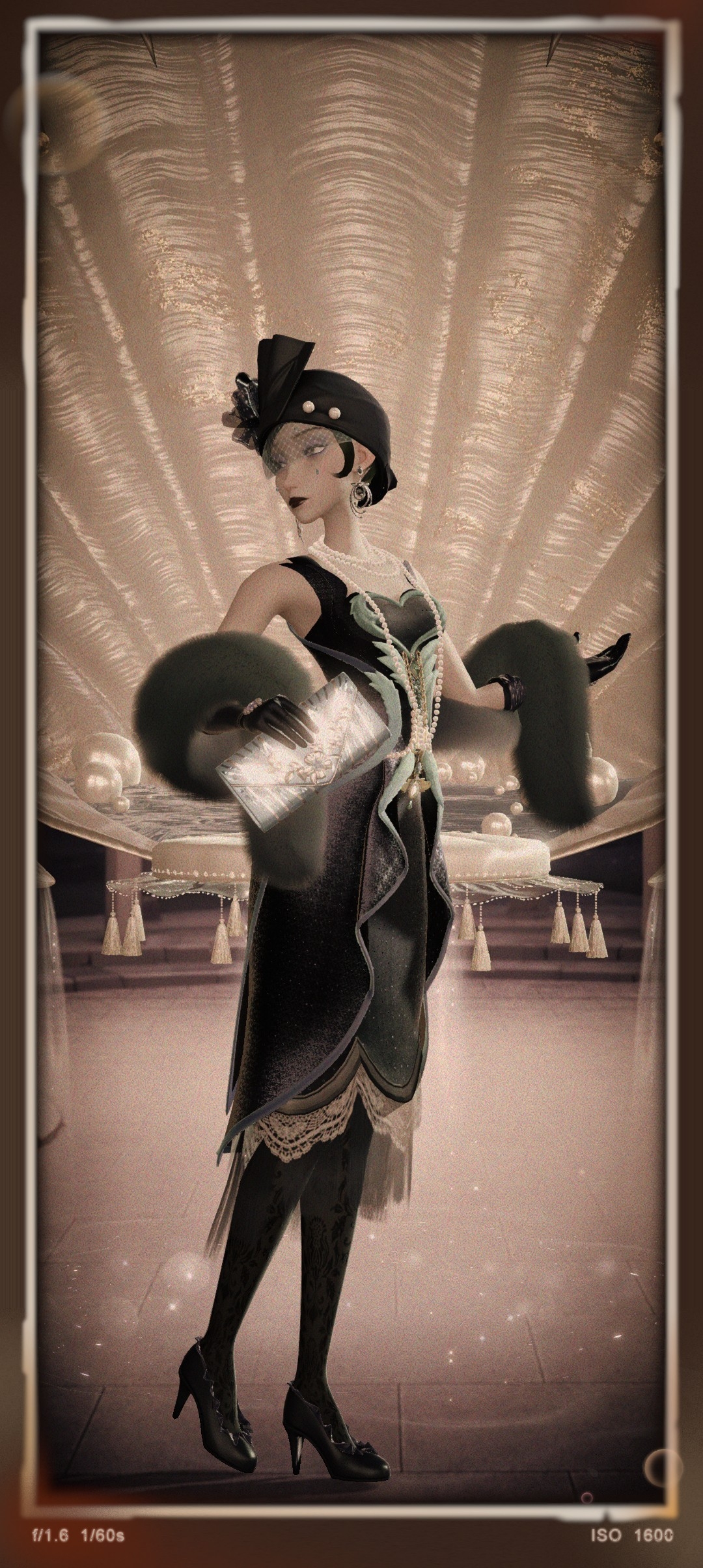 Flapper Ensemble with Fluted Shell Backdrop: 1920s Glamour