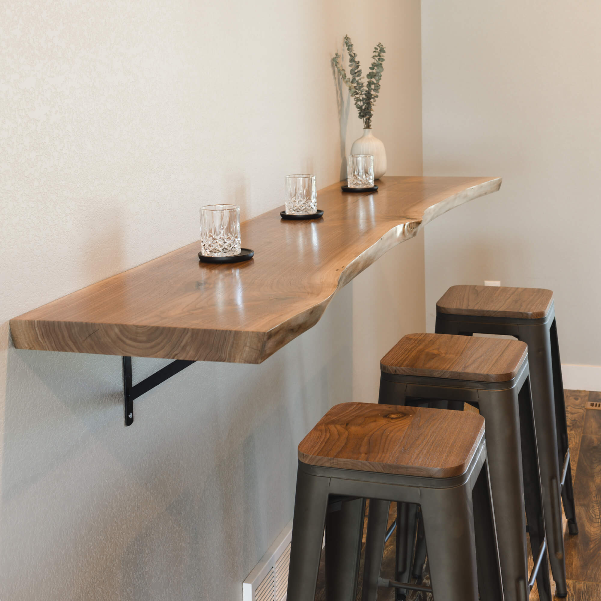 Floating Bar: Live Edge Wood Wall Mounted Walnut Bar