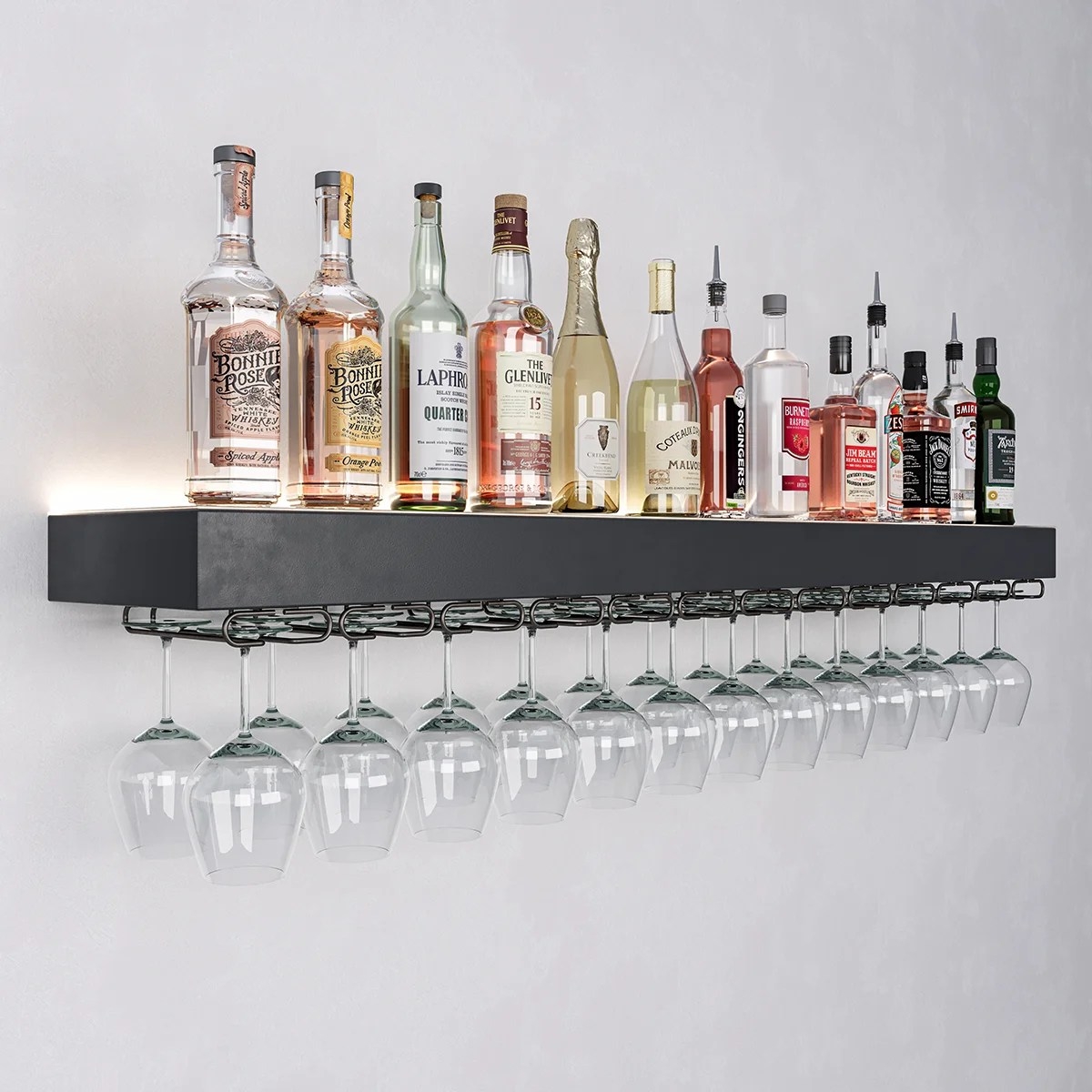 Floating Bar Shelf with LED Backlighting and Matte Black Bar Rack