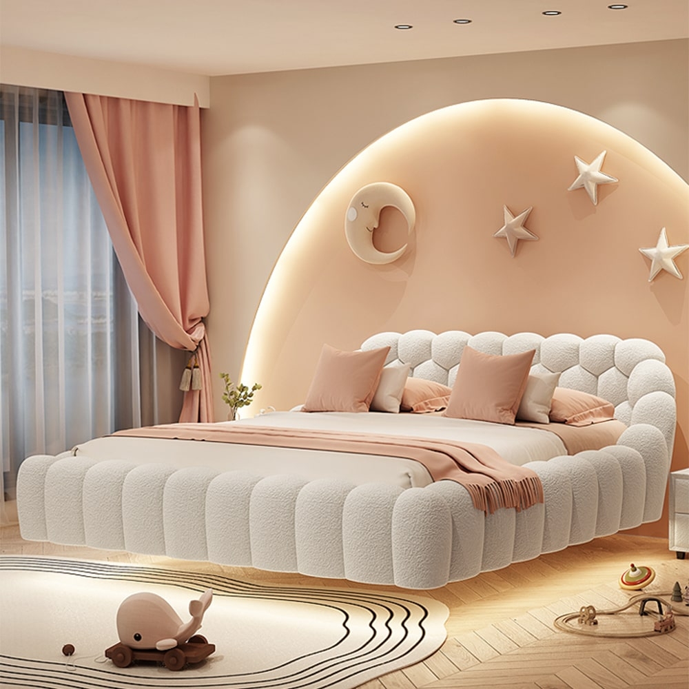 Floating Bed White Bouclé Bubble Headboard LED Glow