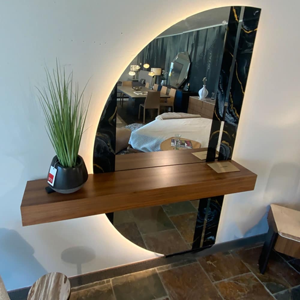 Floating Console Mirror Walnut Marbled Panel Backlit