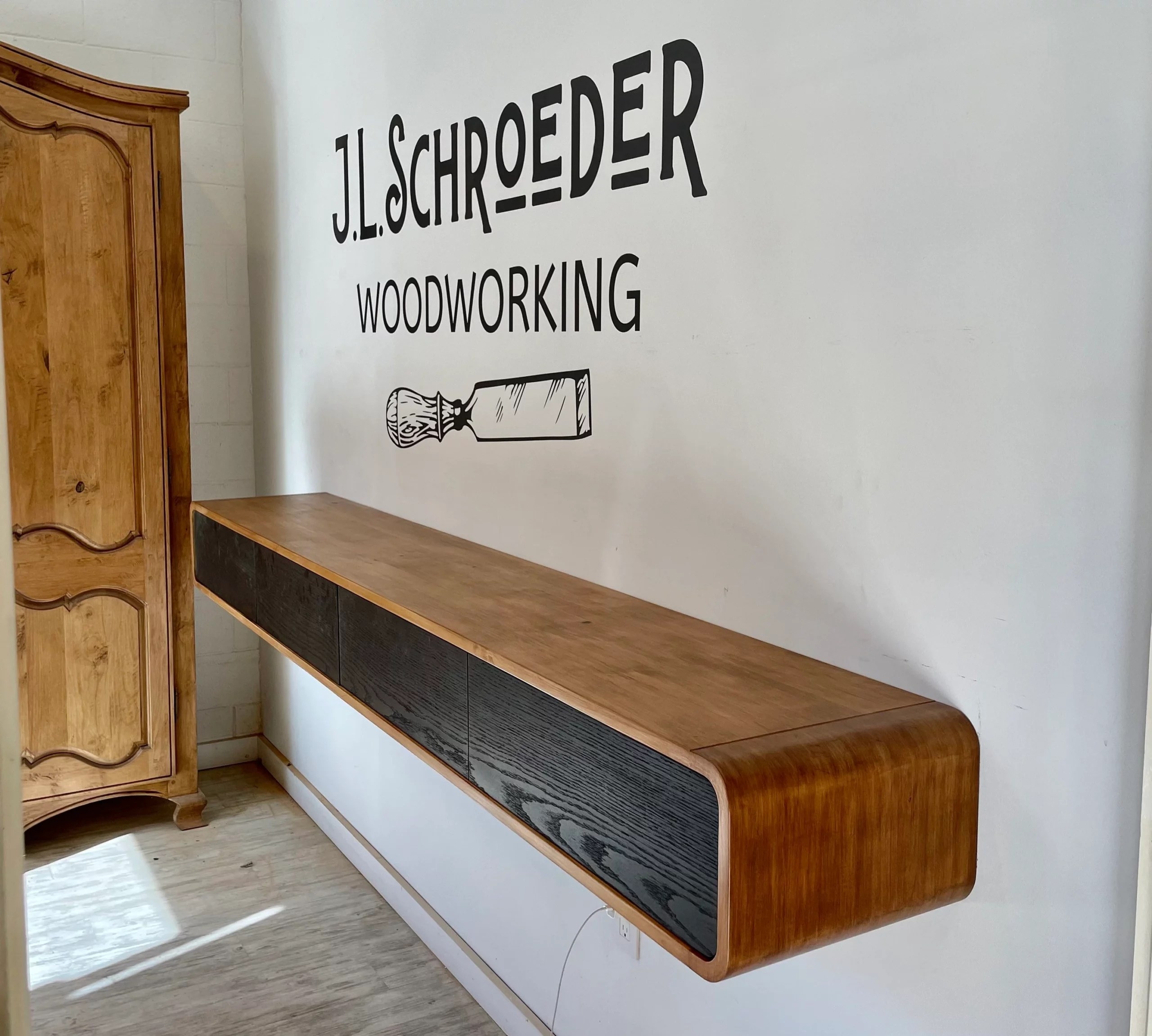 Floating Console with Charcoal Black Fronts and Wood