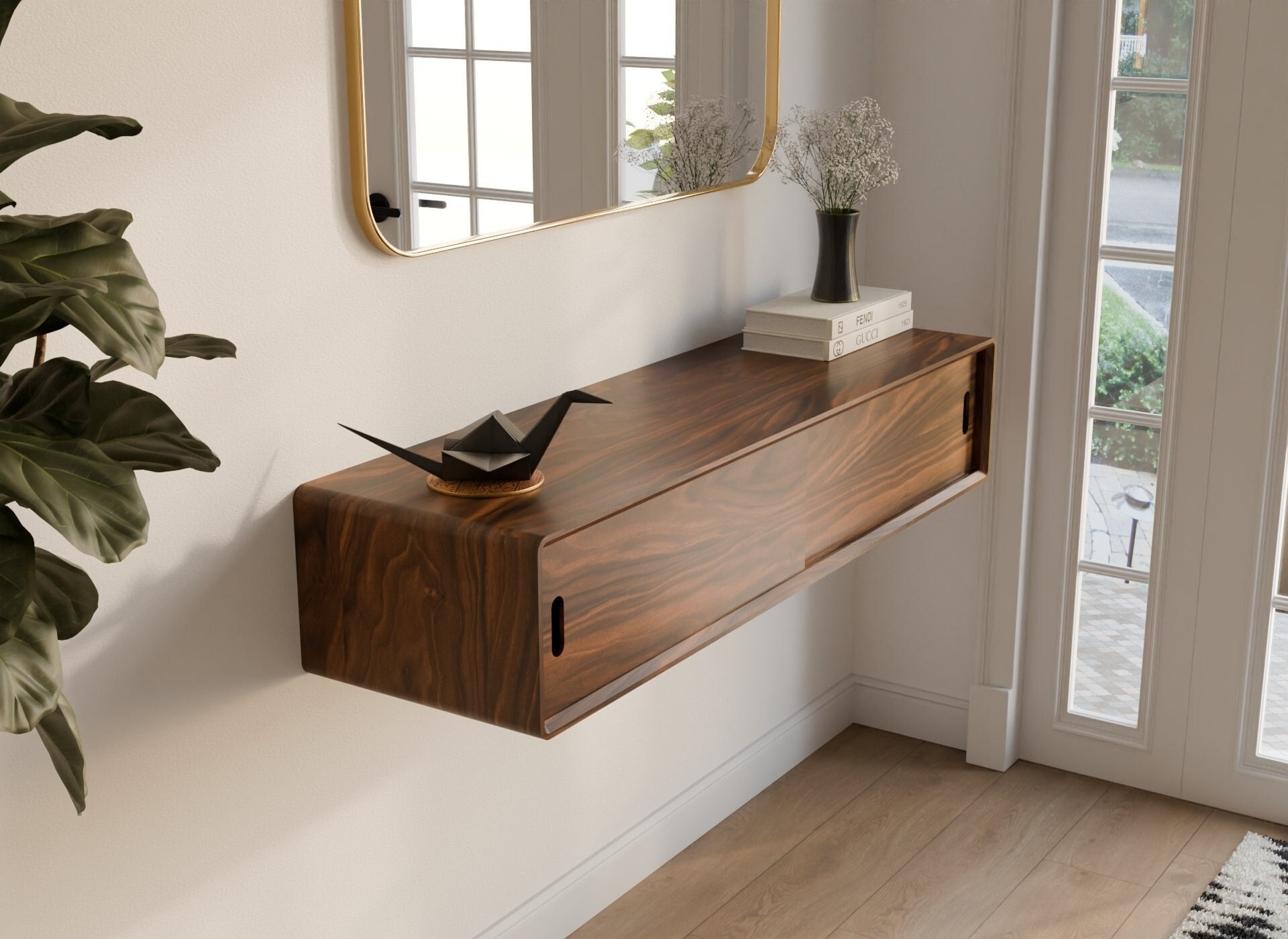 Floating Console with Sliding Doors and Wall Shelf