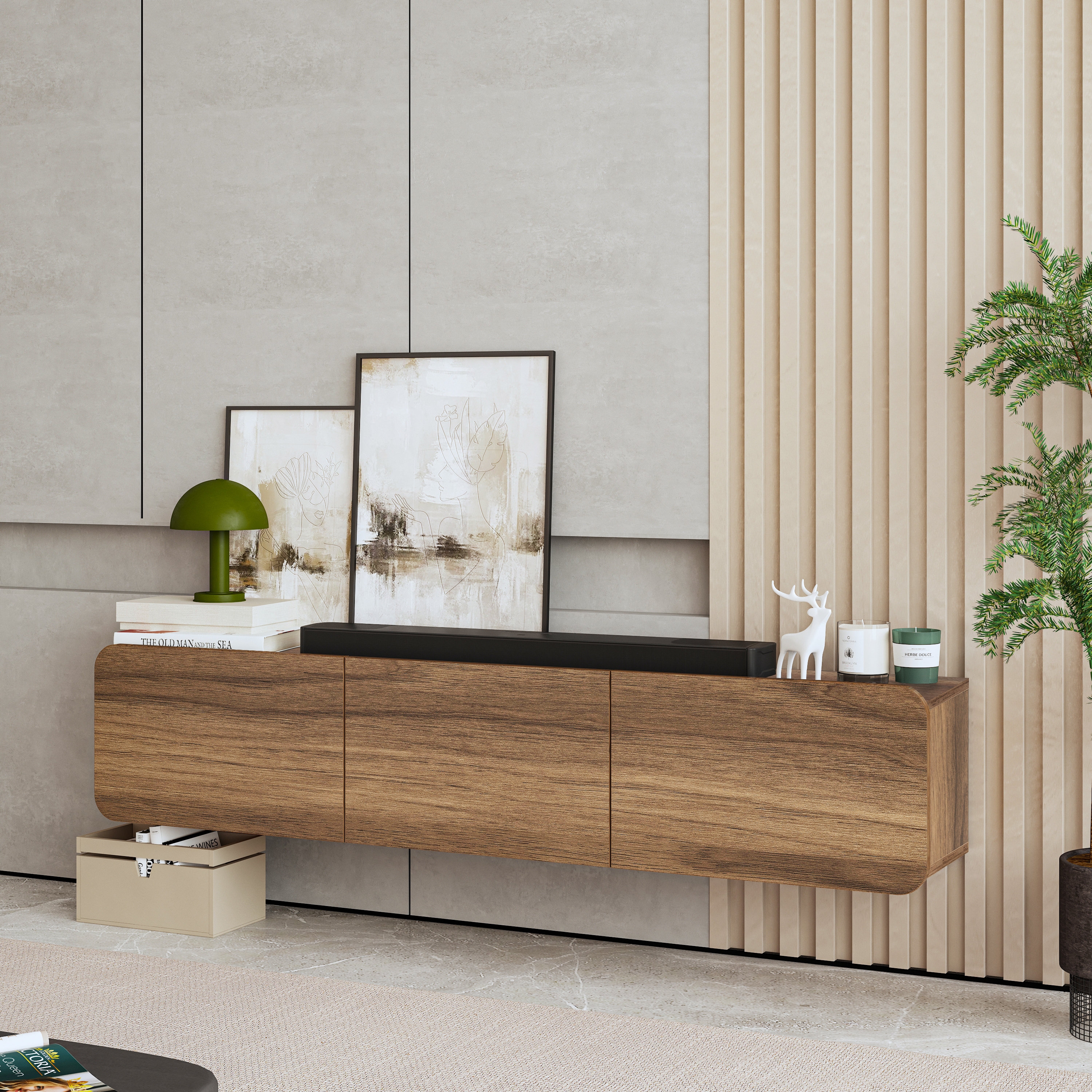 Floating Media Console with Handleless Front Design