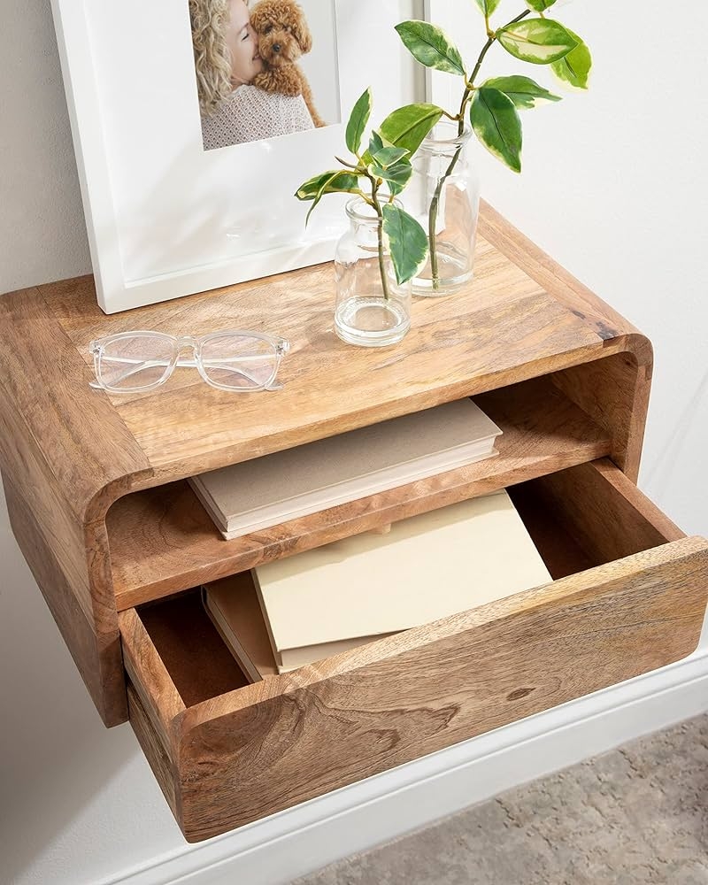 Floating Nightstand Rounded Corners Mango Wood Shelf
